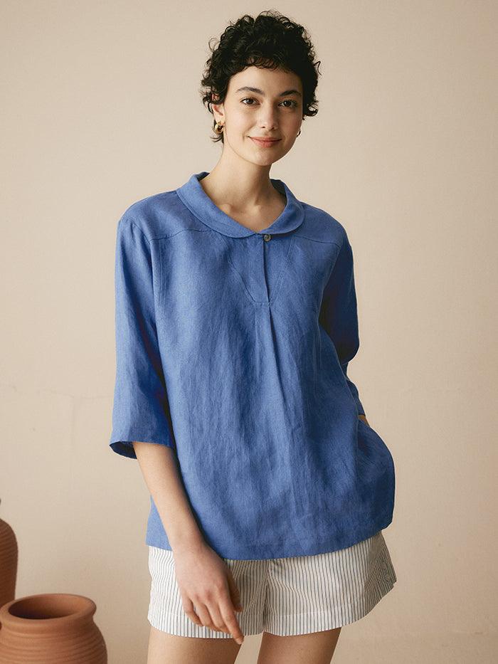 100% Linen Shawl V-Neck Half Sleeve Top JADE