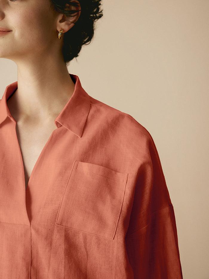 Linen Plaid Oversized Fit Pocket Shirt