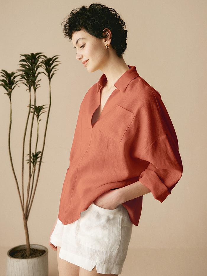 Linen Plaid Oversized Fit Pocket Shirt