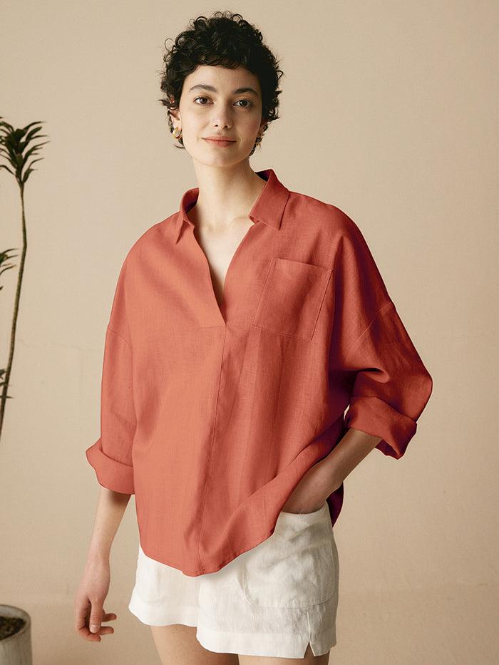 Linen Plaid Oversized Fit Pocket Shirt