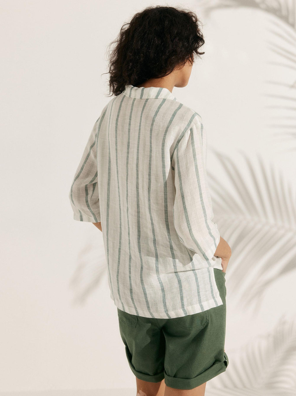 100% Linen Stripe Shawl V-Neck Half Sleeve Top