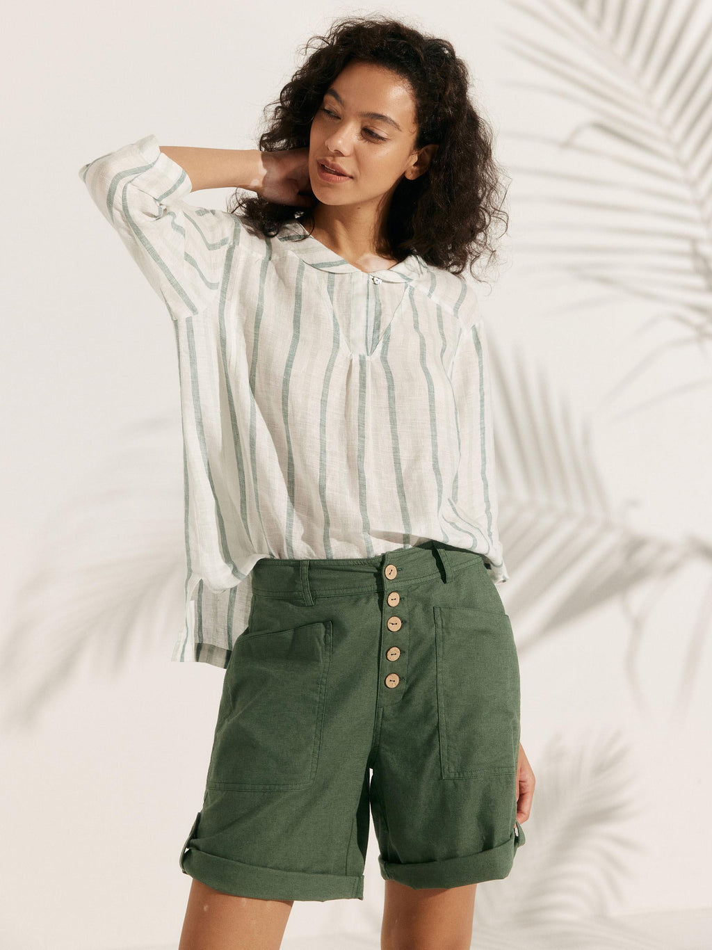 100% Linen Stripe Shawl V-Neck Half Sleeve Top