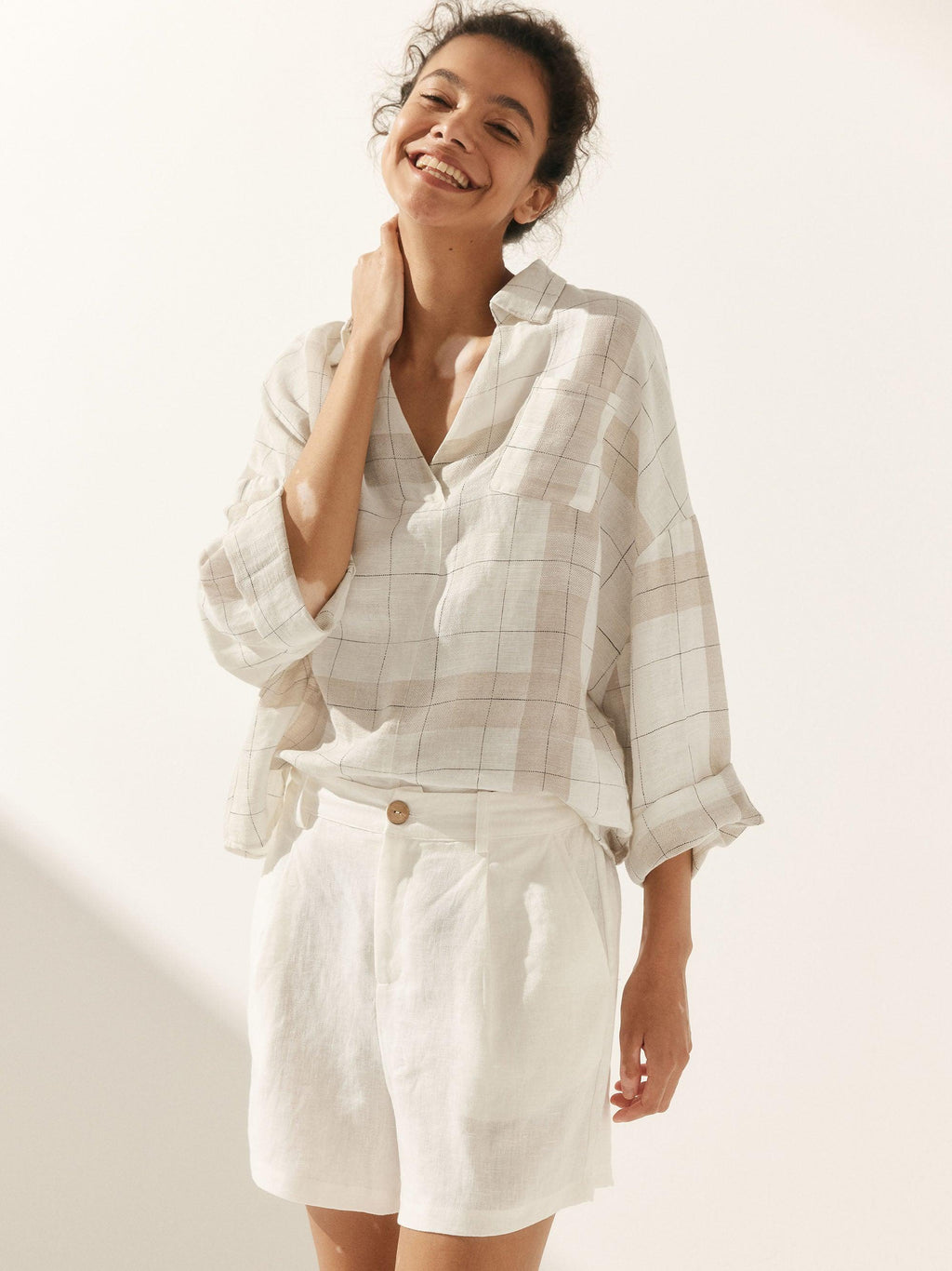 Linen Plaid Oversized Fit Pocket Shirt