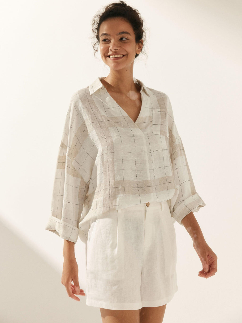 Linen Plaid Oversized Fit Pocket Shirt