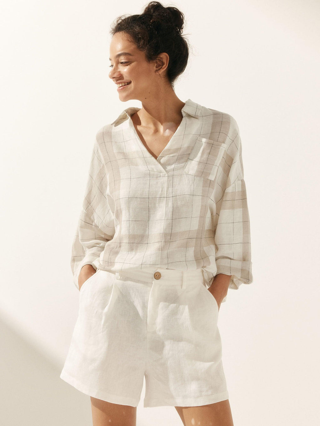 Linen Plaid Oversized Fit Pocket Shirt