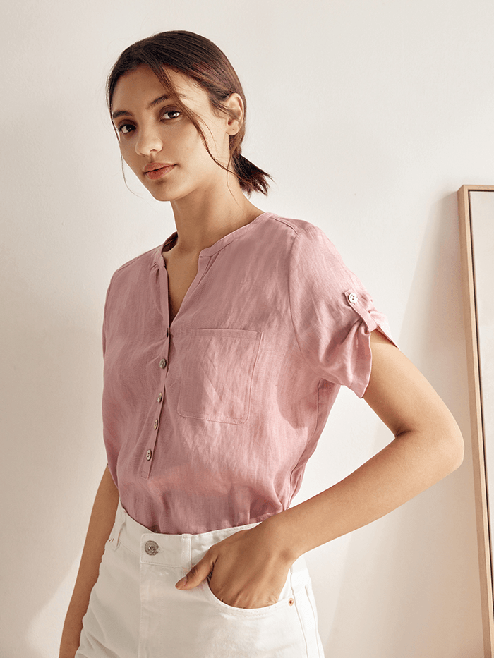 100% Linen Gathered-Neck Shirt URSULA