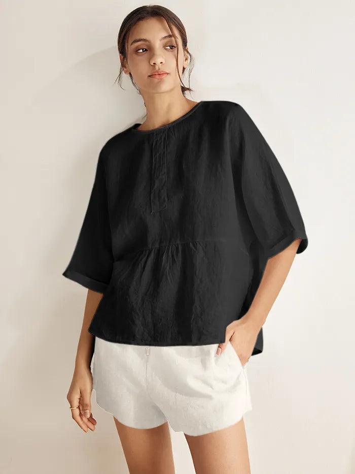 100% Linen Round Neck Mid-Sleeve Top ROBYN