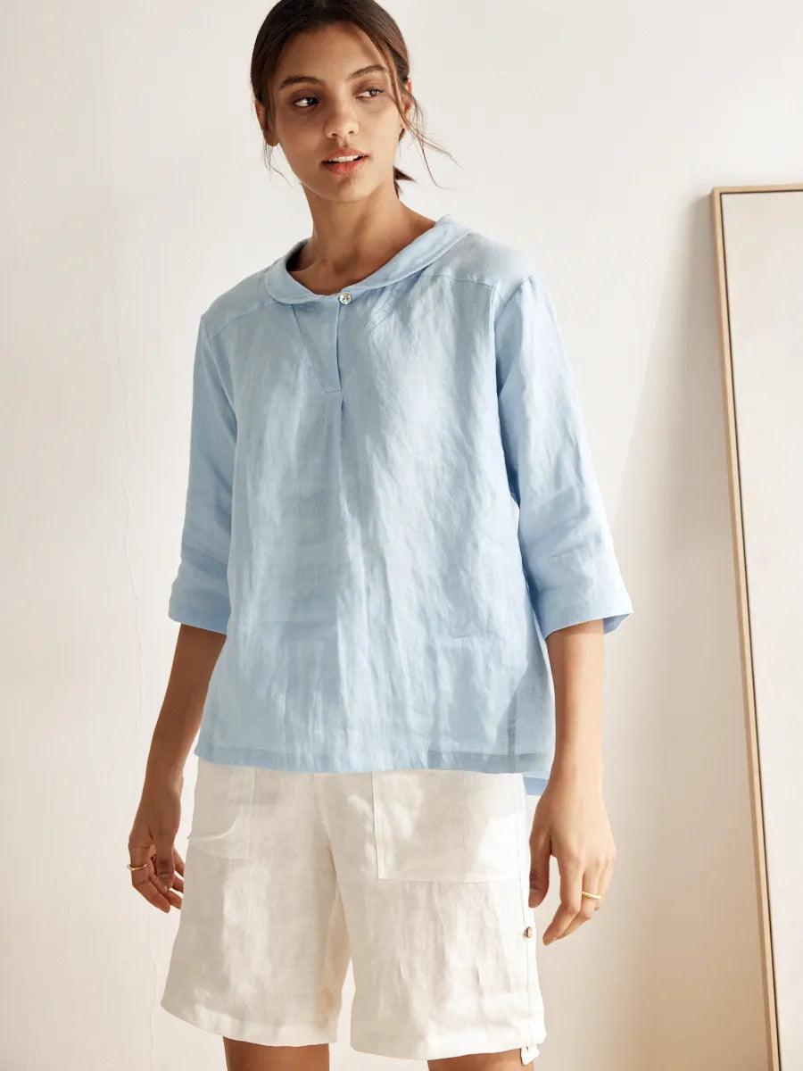 100% Linen Stripe Shawl V-Neck Half Sleeve Top