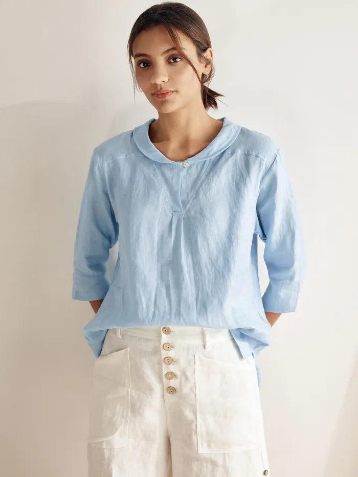 100% Linen Shawl V-Neck Half Sleeve Top JADE