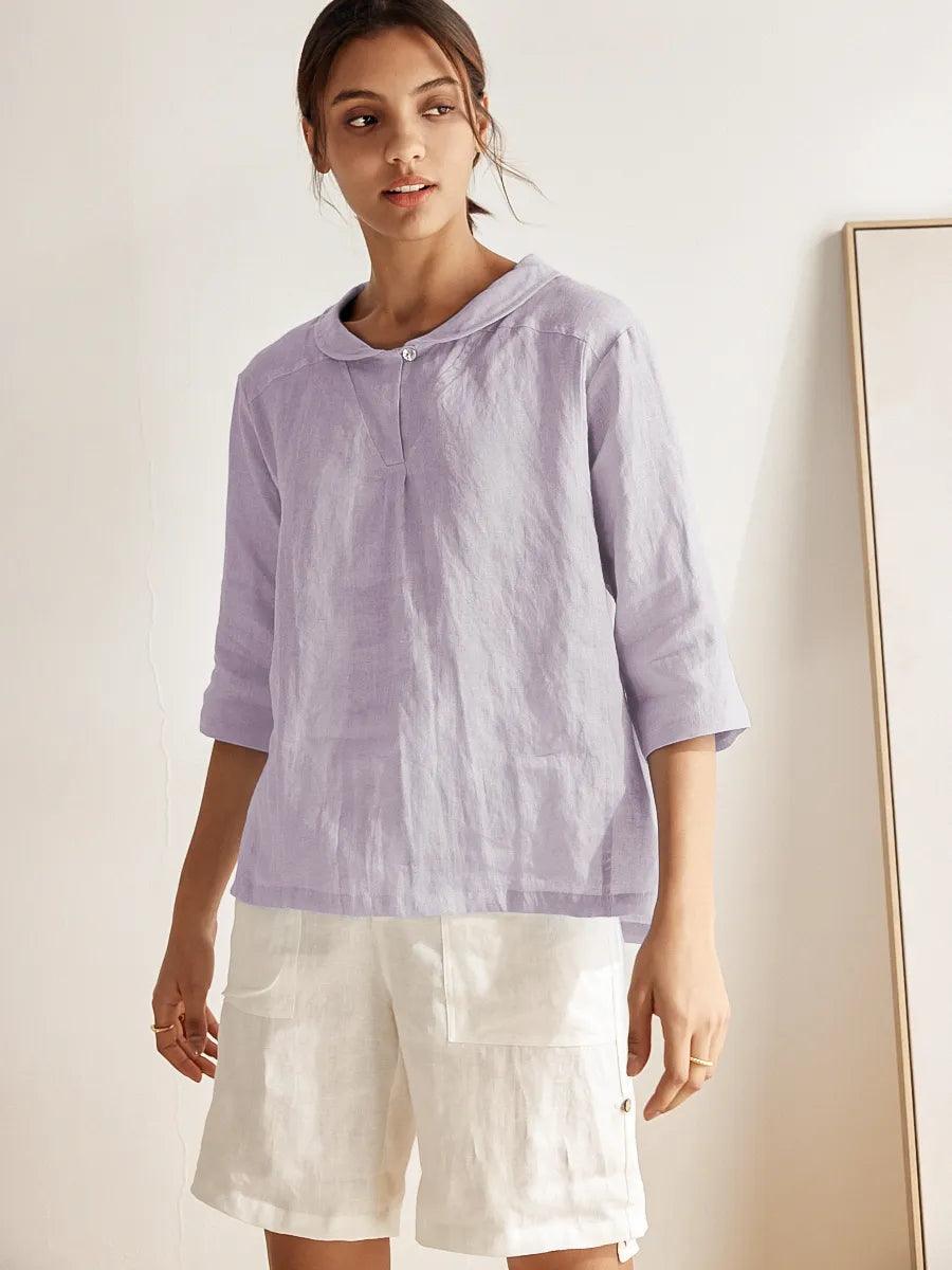 100% Linen Stripe Shawl V-Neck Half Sleeve Top