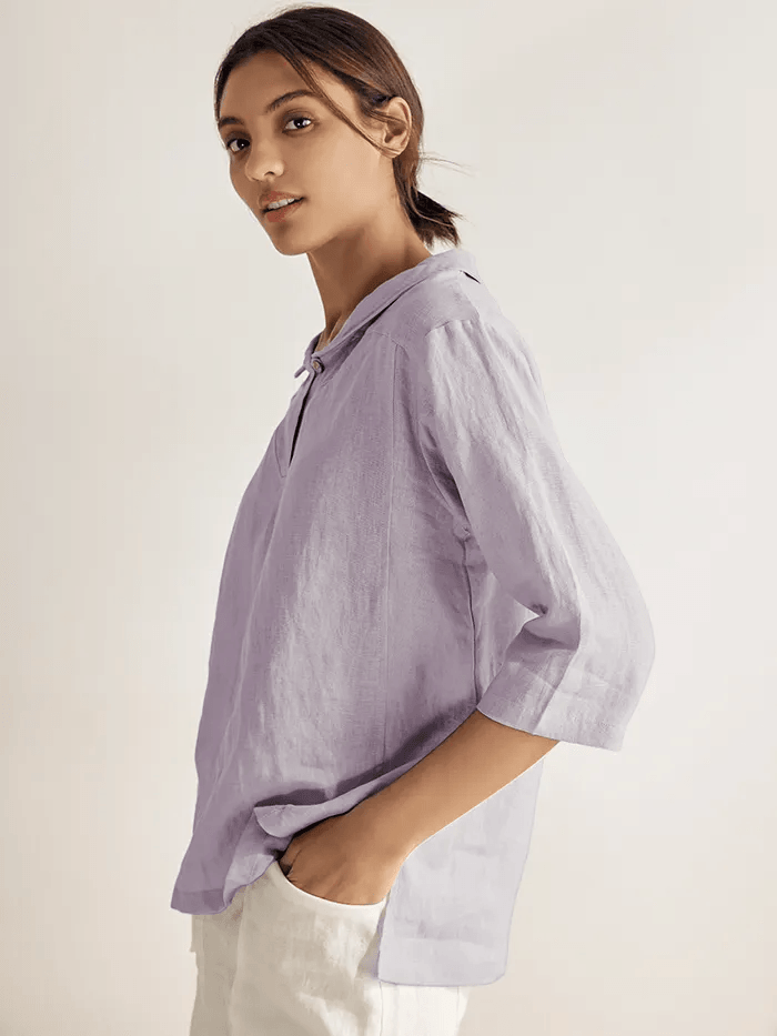 100% Linen Stripe Shawl V-Neck Half Sleeve Top
