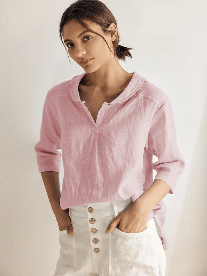 100% Linen Stripe Shawl V-Neck Half Sleeve Top