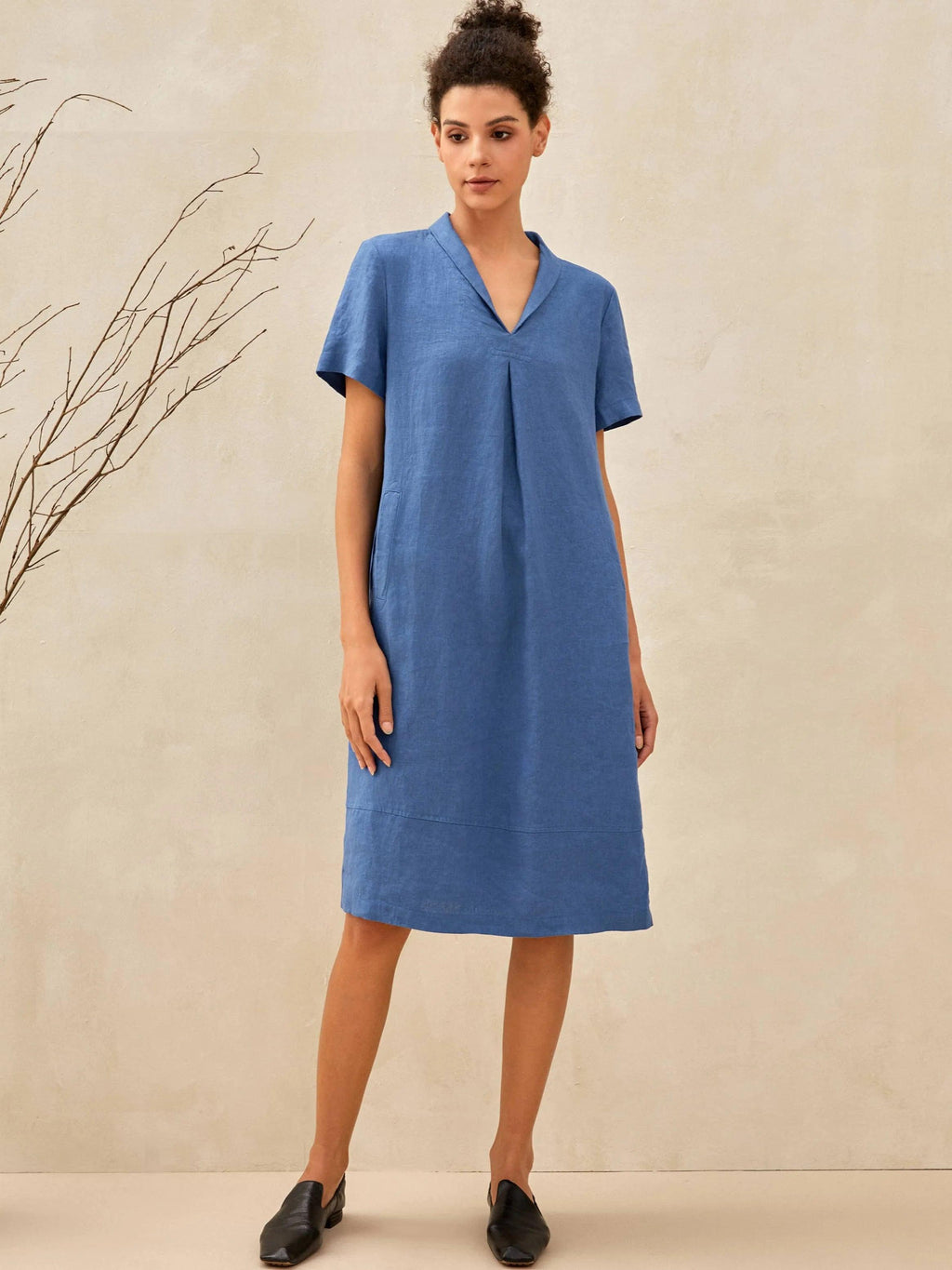 100% Linen Shawl V-Neck Midi Dress CLEO