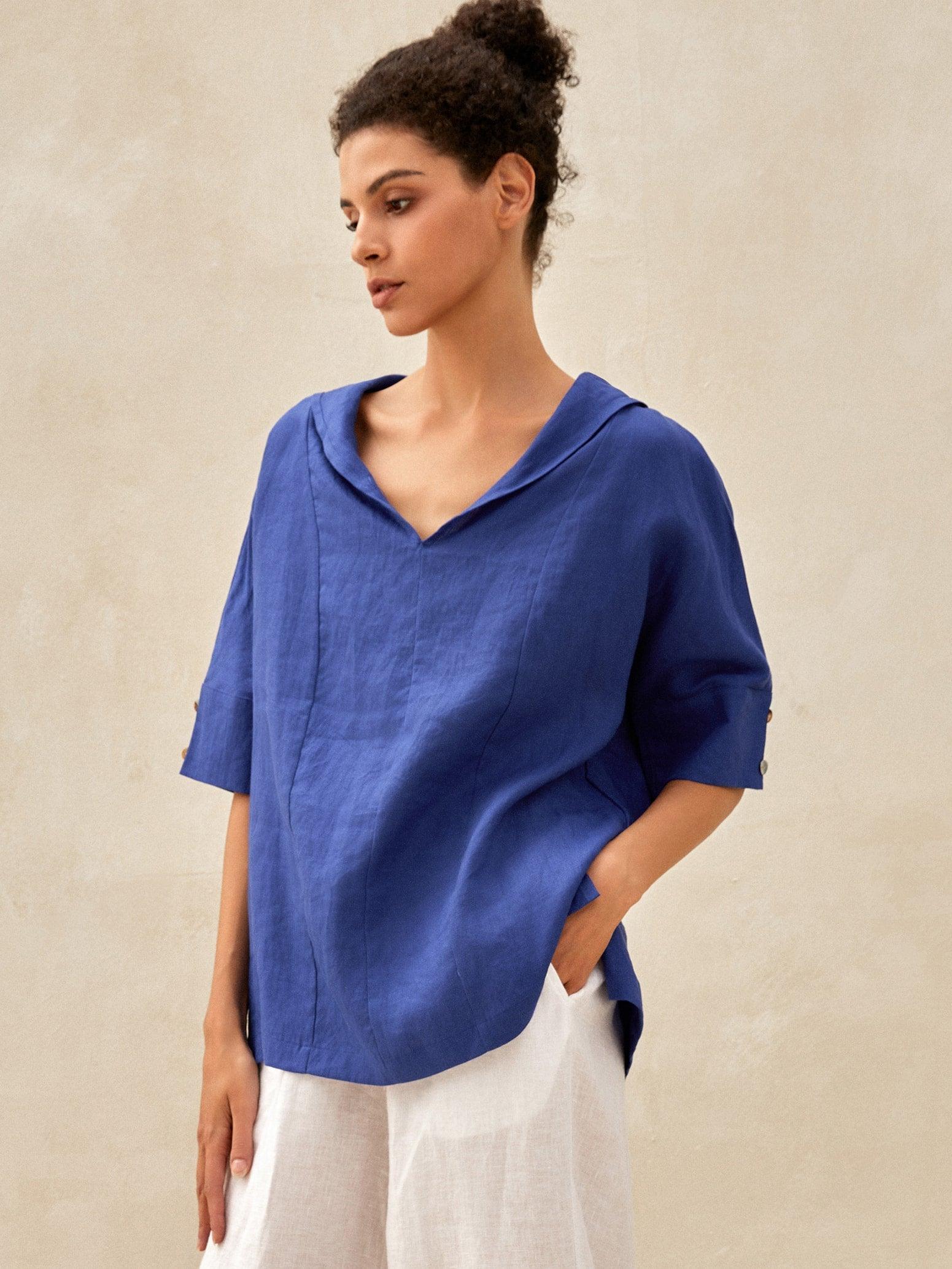 Linen V Neck Short Sleeve Shirt PENNY