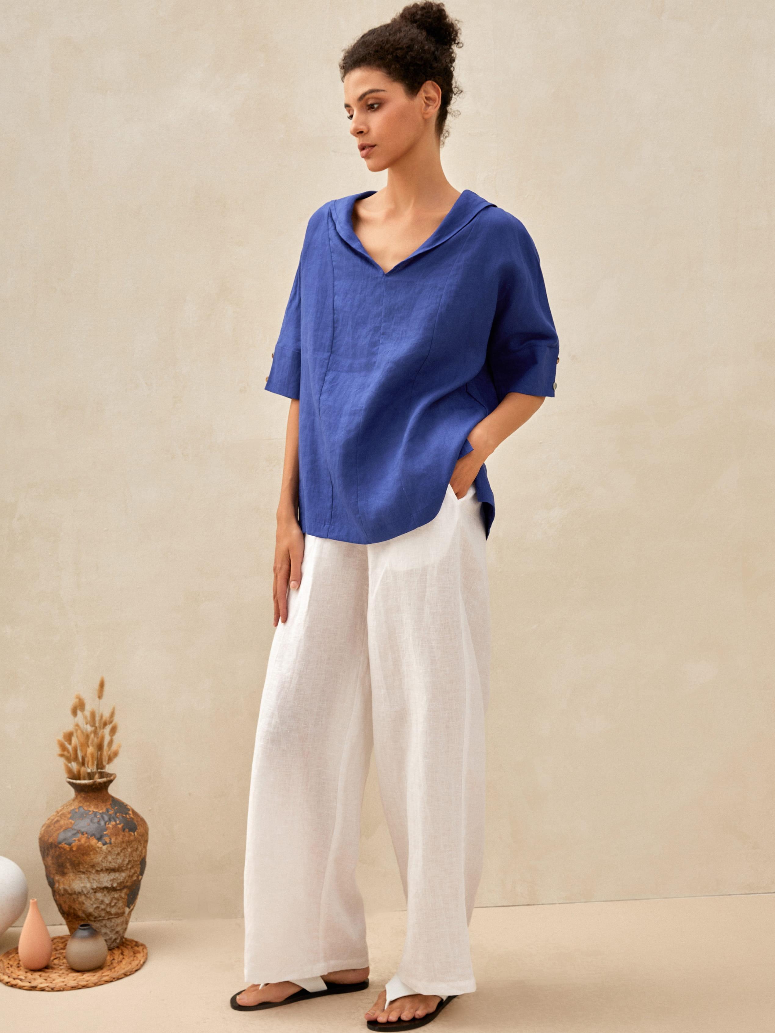 Linen V Neck Short Sleeve Shirt PENNY