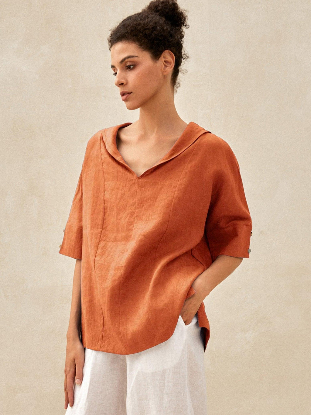Linen V Neck Short Sleeve Shirt PENNY