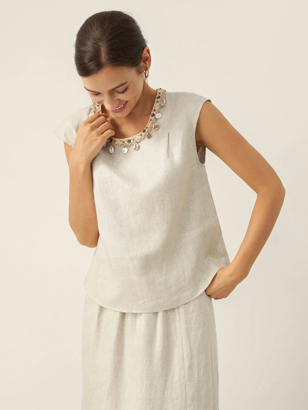 100% Linen Cap Sleeve Beaded Top BIANCA