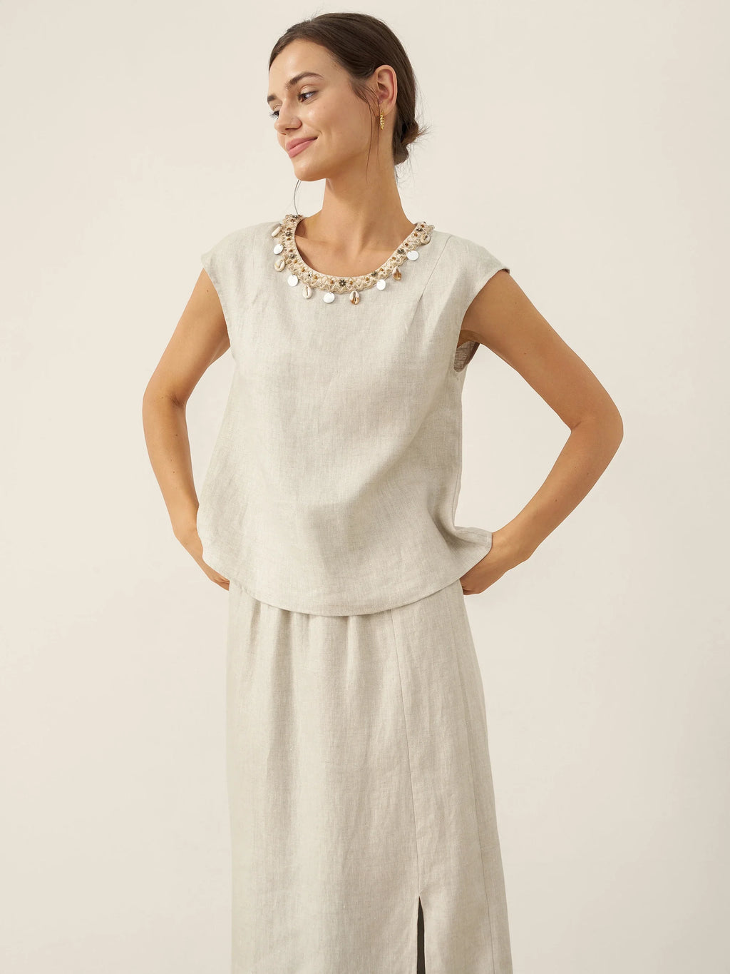 100% Linen Cap Sleeve Beaded Top BIANCA