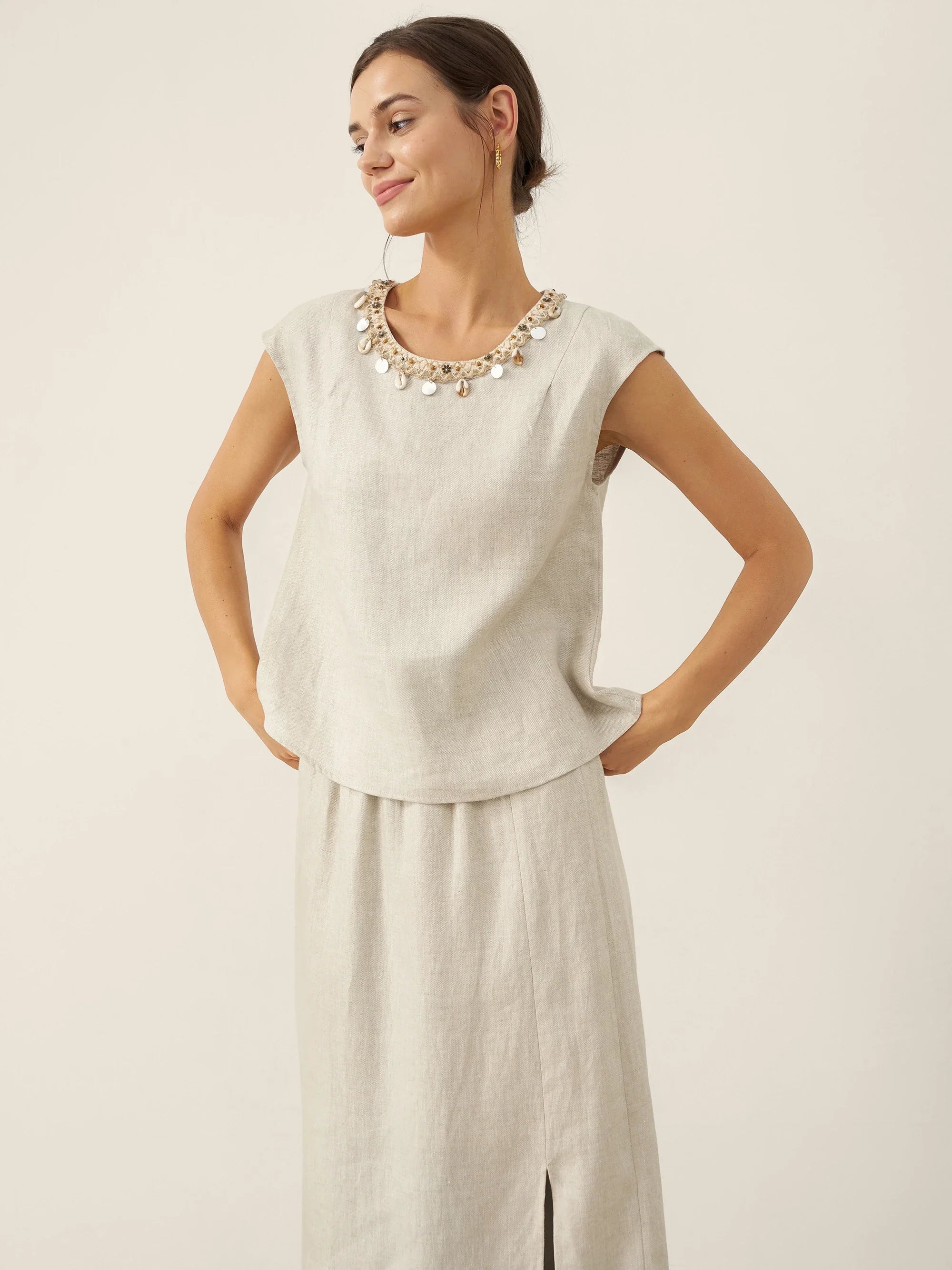 100% Linen Cap Sleeve Beaded Top BIANCA