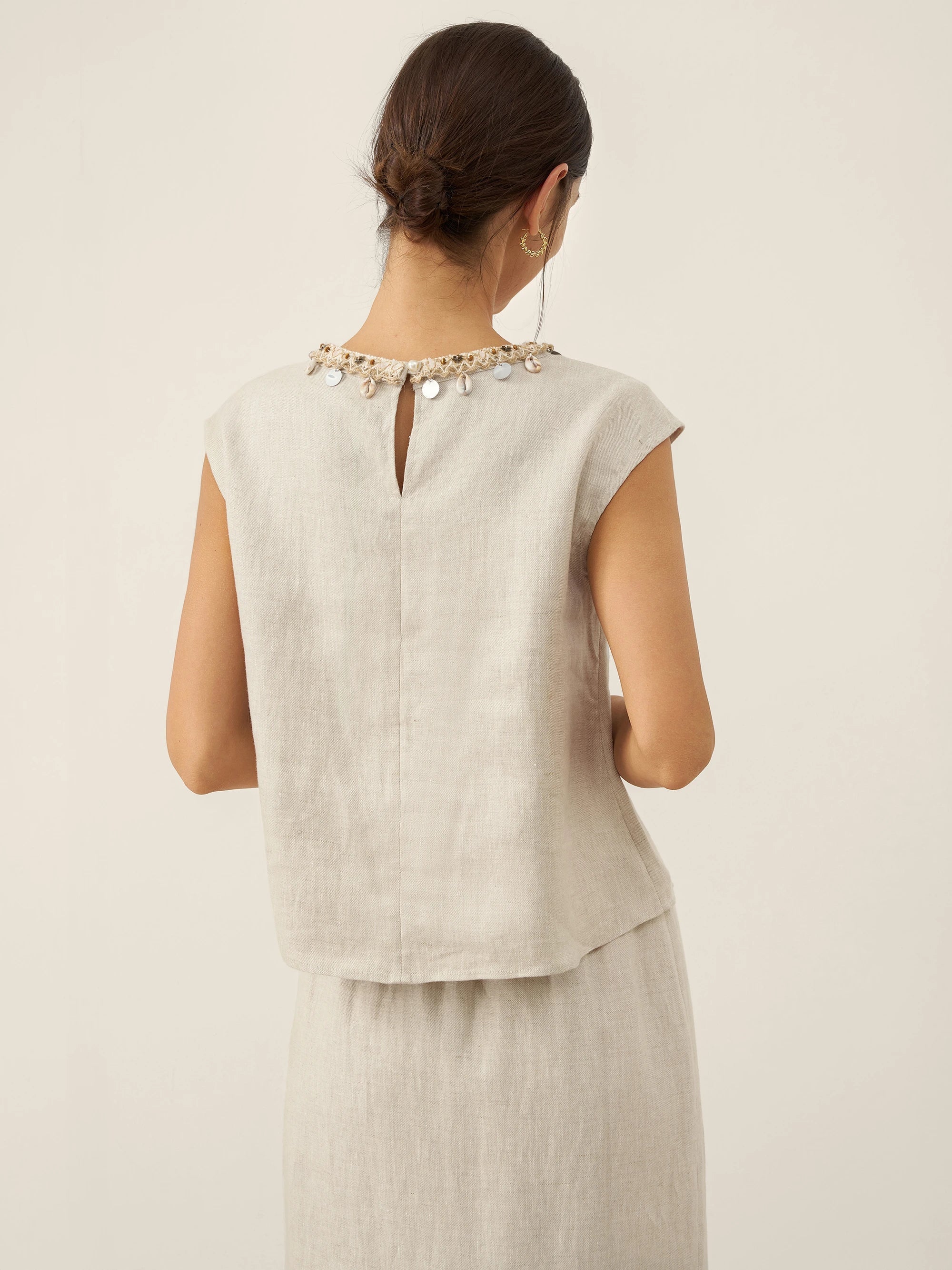 100% Linen Cap Sleeve Beaded Top BIANCA