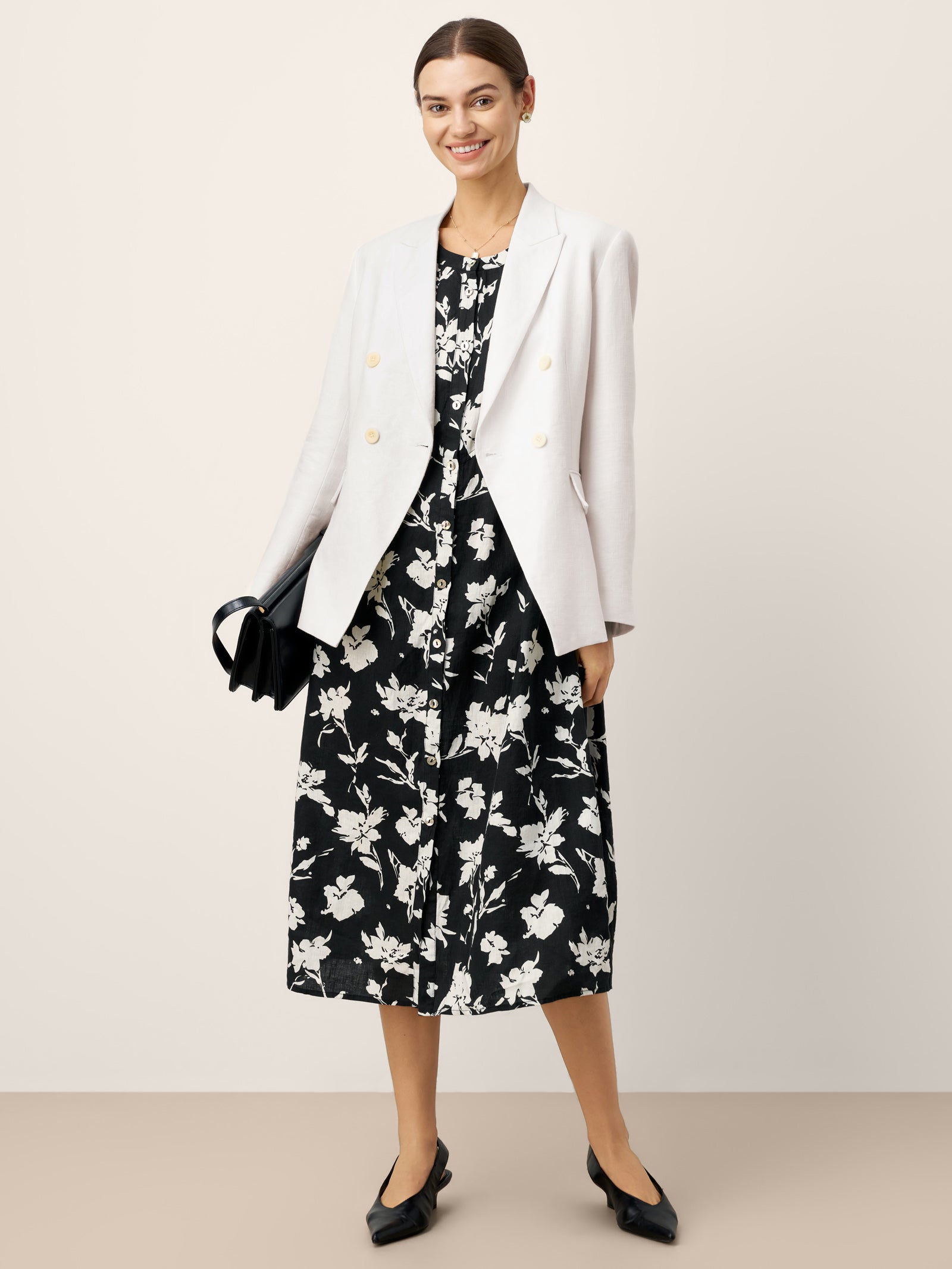 100% Linen Floral Printed Gathered Maxi Dress ELODIE