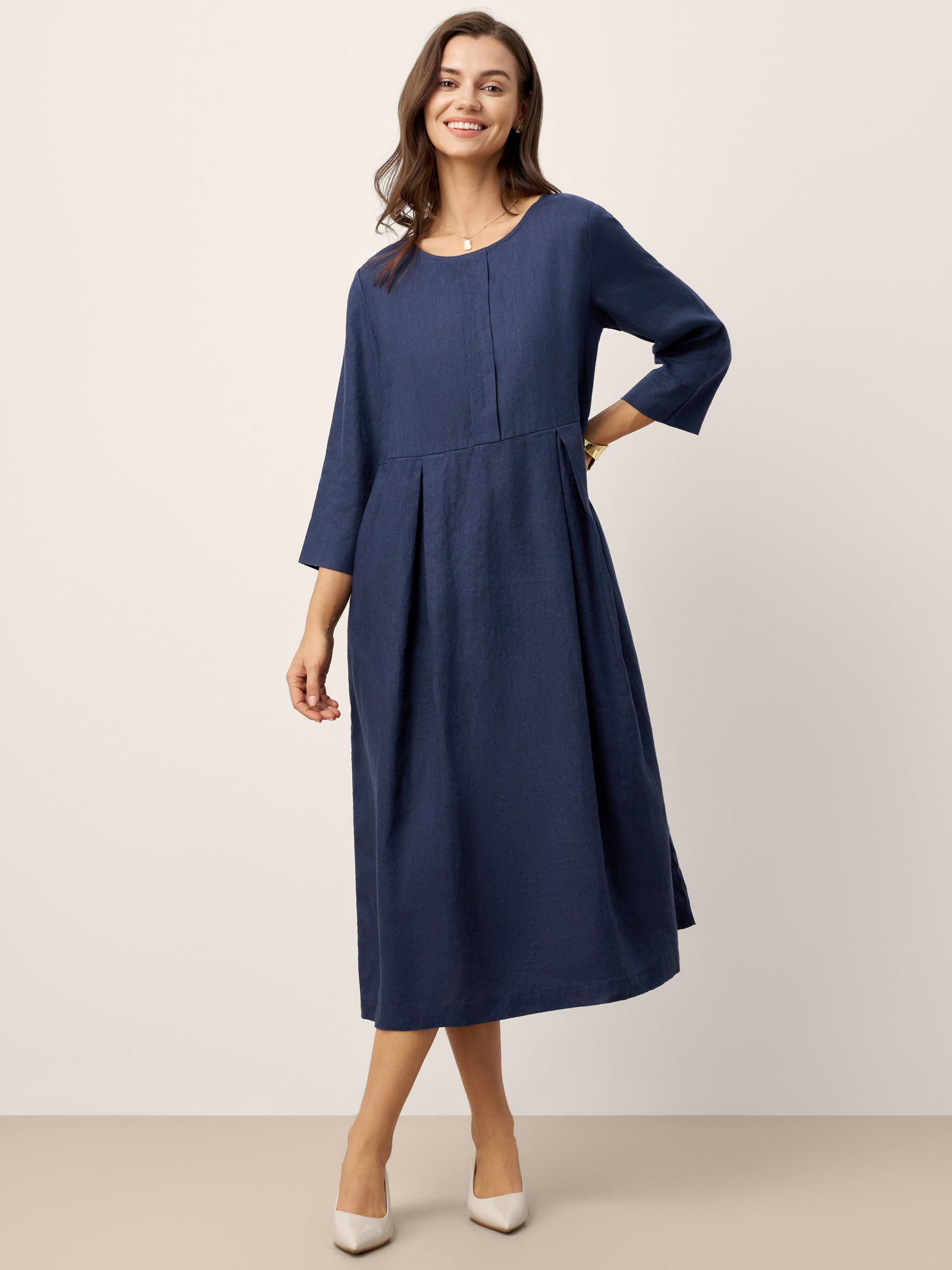 100% Linen Inverted Pleat Waist Button Midi Dress IMARA