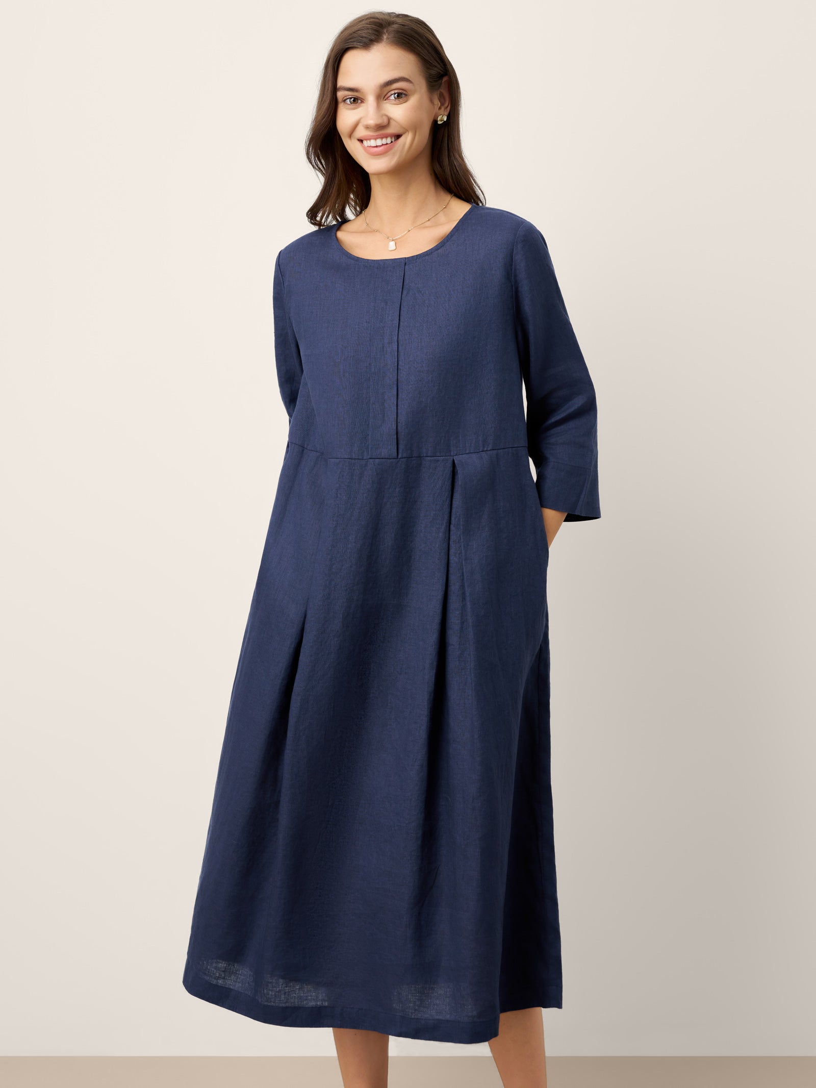 100% Linen Inverted Pleat Waist Button Midi Dress IMARA