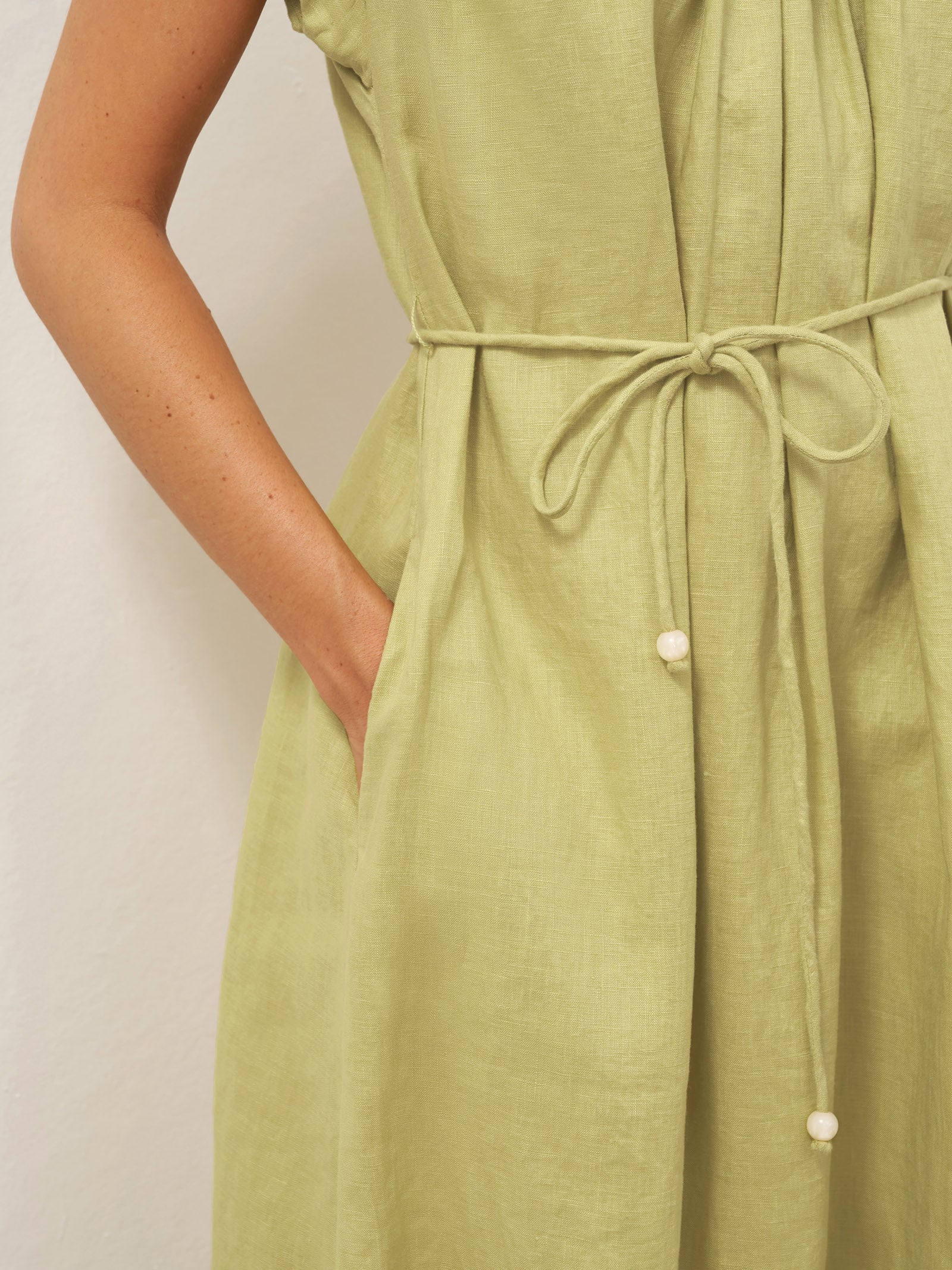 100% Linen Pleated Crew Neck Maxi Dress with Detachable Tie Straps MIRA