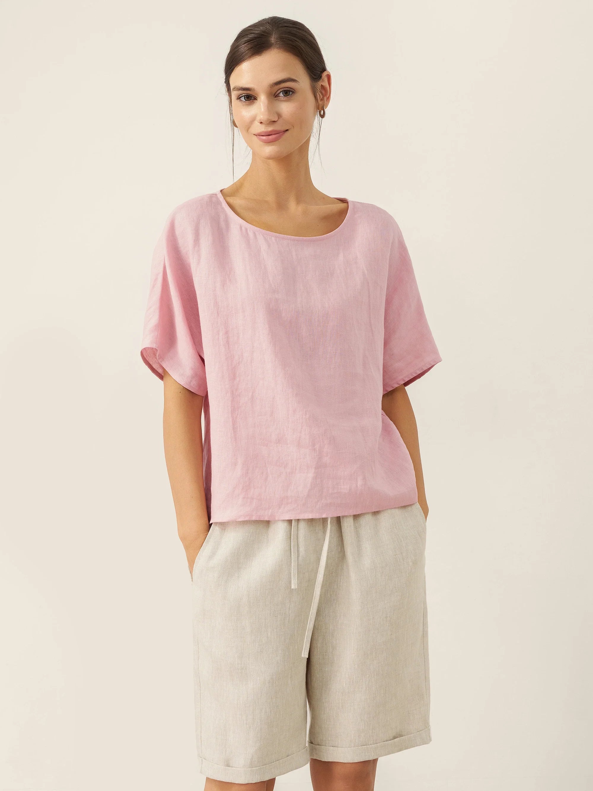 100% Linen Round Neck Back Opening Top URIELLE
