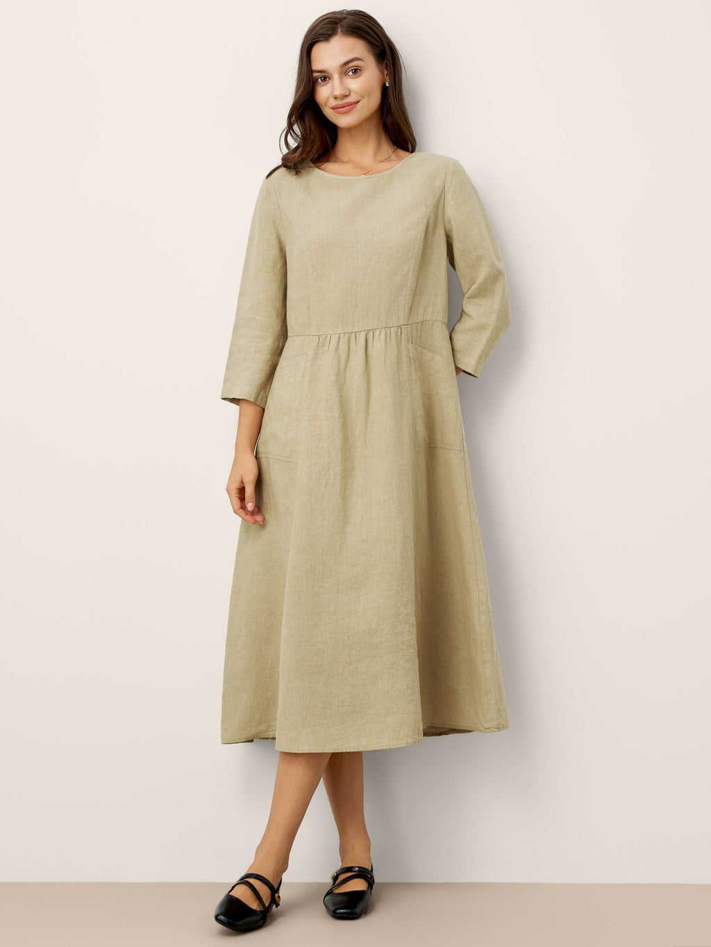 100% Linen Shirred Waistline Patch Pocket Maxi Dress MARCELLA