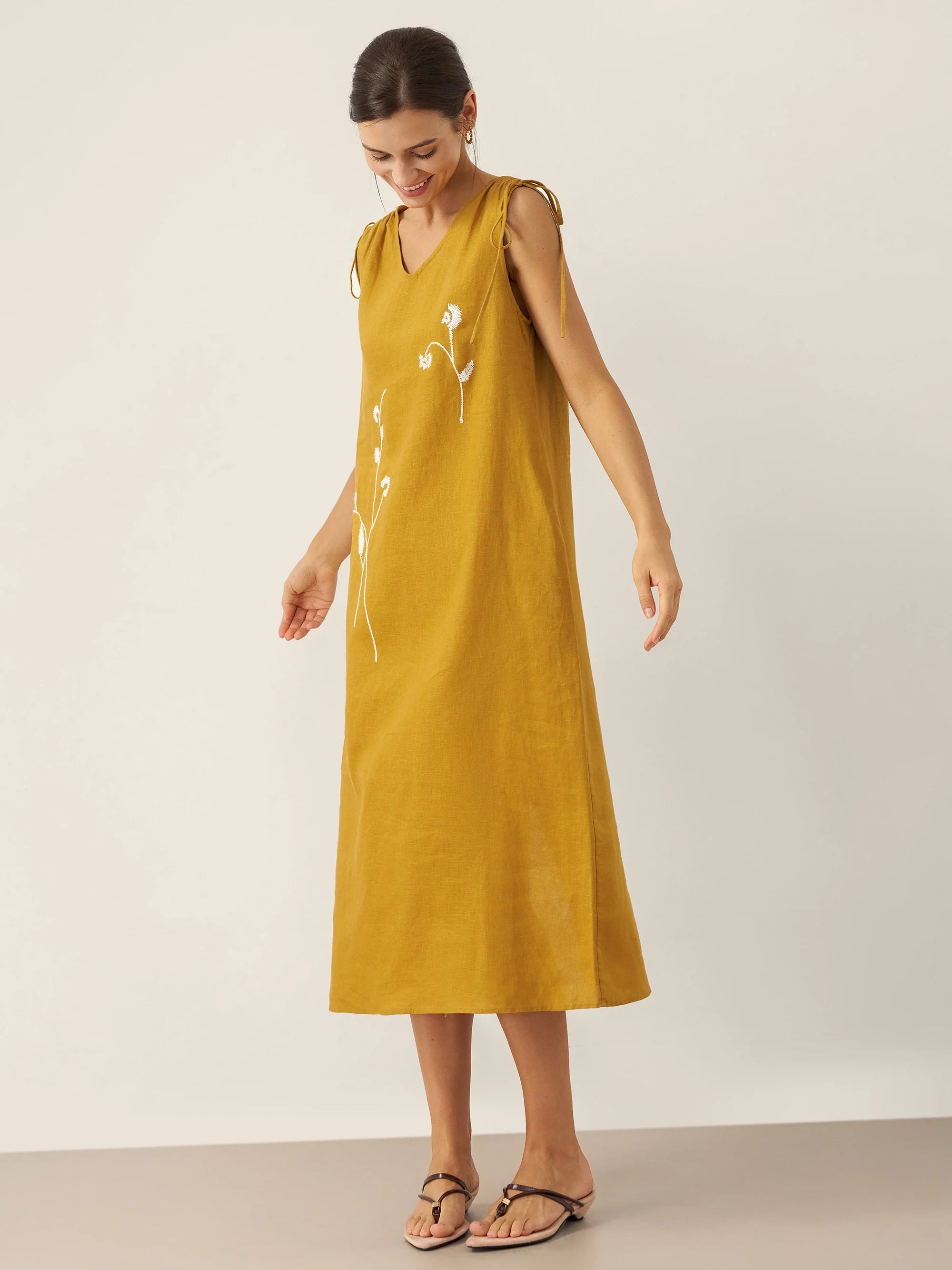 100% Linen Smocked Shoulder Embroidered Maxi Dress BELINE