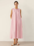 100% Linen Structured Collar Sleeveless Maxi Dress with Belt OPAL