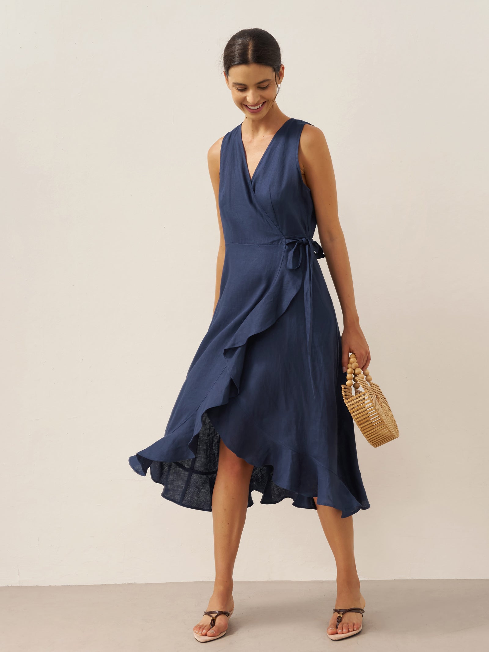 100% Linen V-Neck One-Piece Ruffle Hem Maxi Dress MAYA