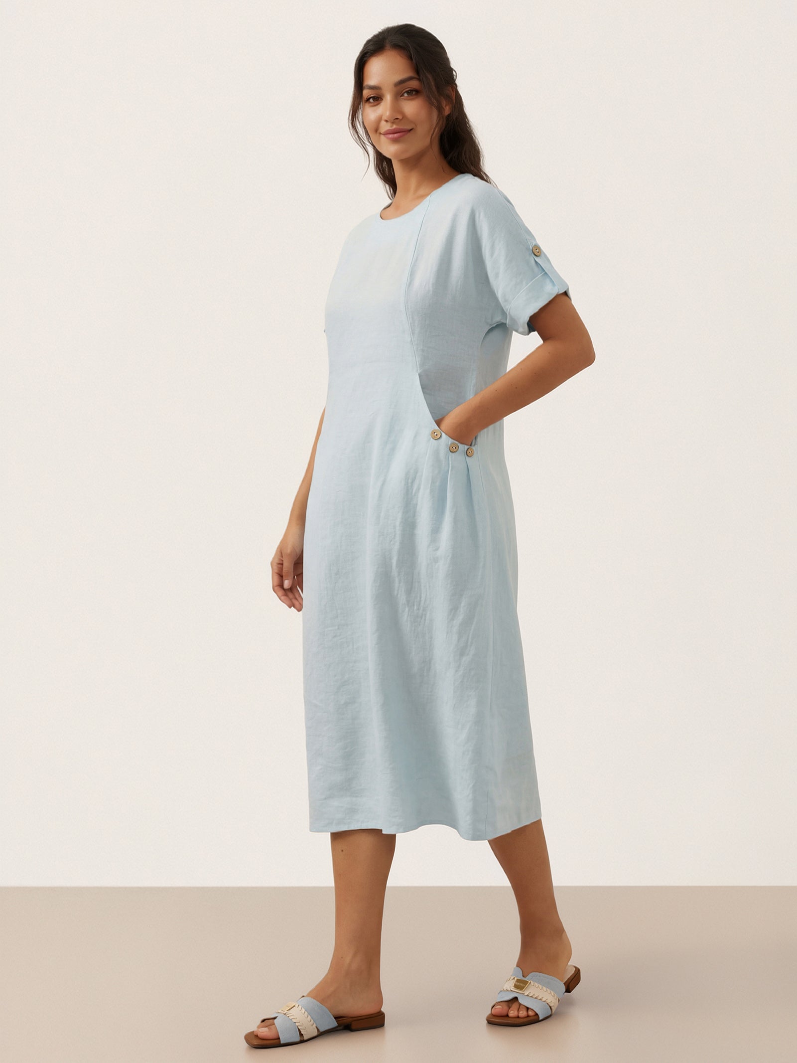 100% Linen Vintage A-Line Button Detail Maxi Dress AMIN