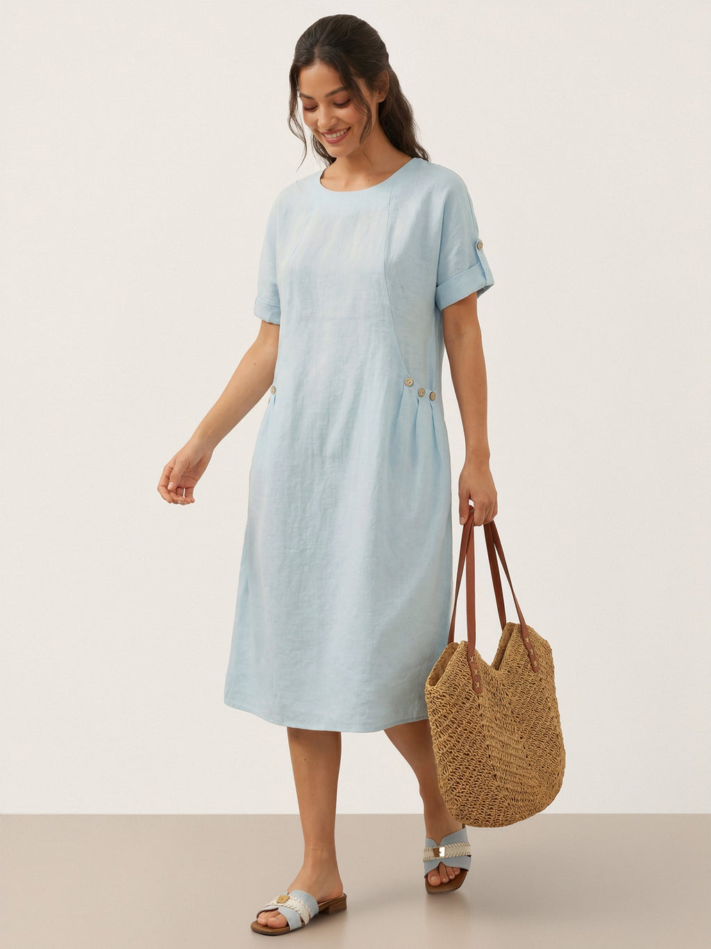 100% Linen Vintage A-Line Button Detail Maxi Dress AMIN