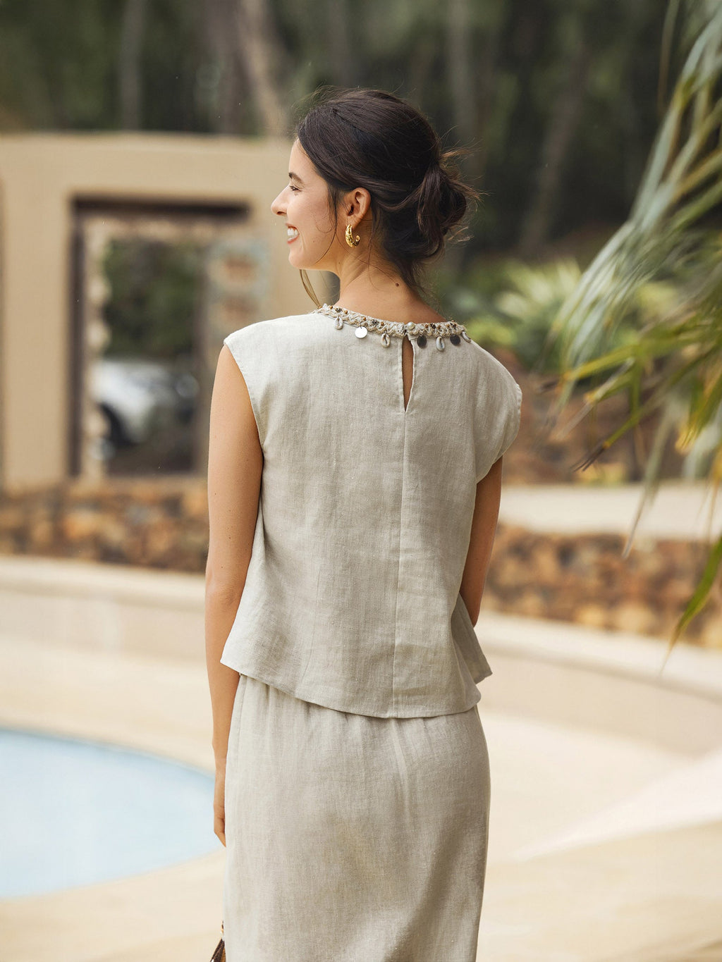 100% Linen Cap Sleeve Beaded Top BIANCA