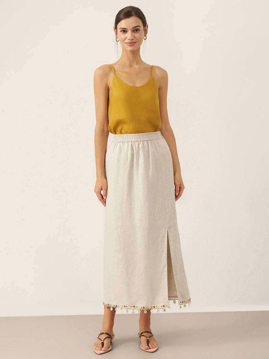 100% Linen Elastic Waist Beaded Skirt BIAN