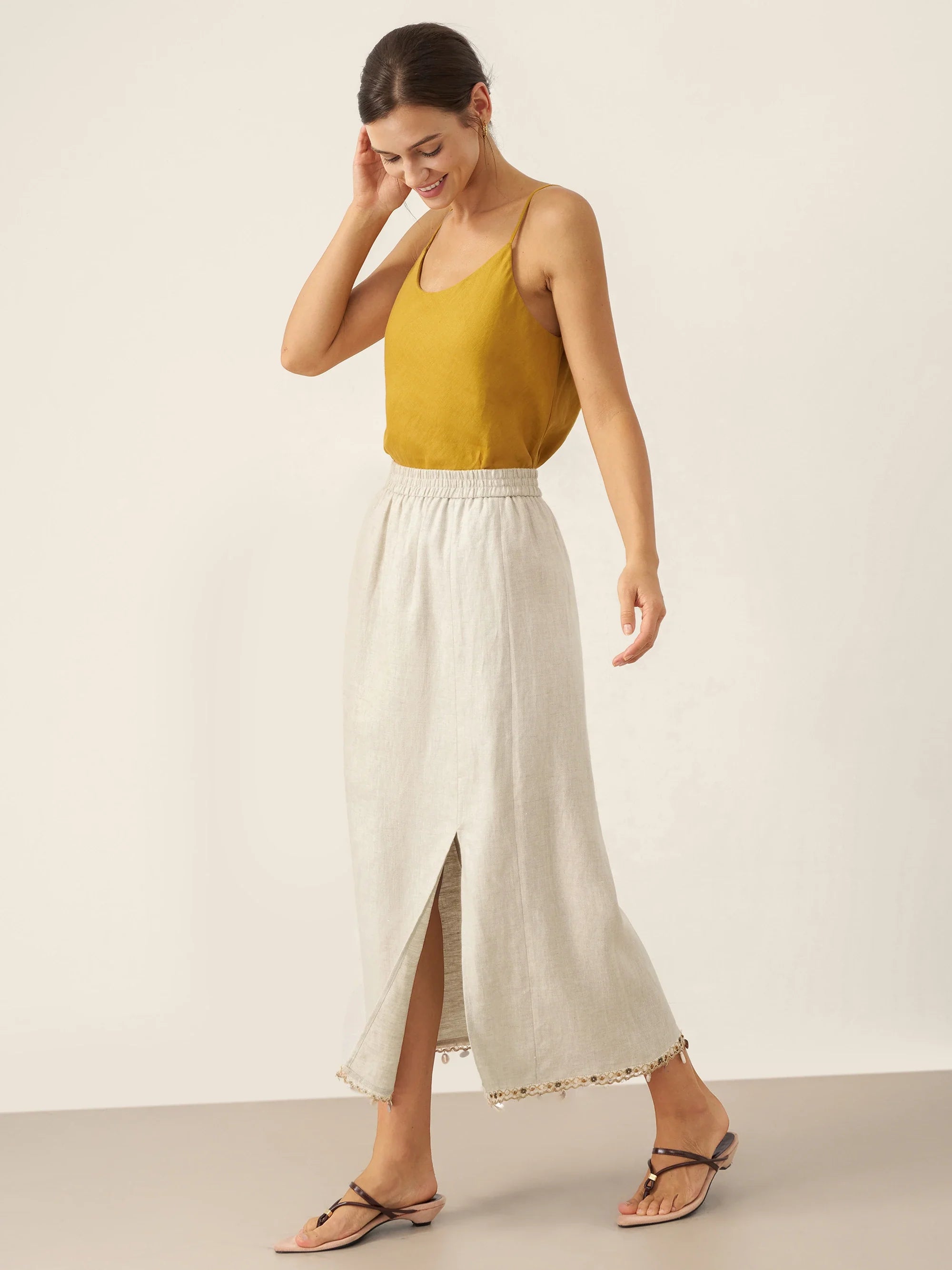 100% Linen Elastic Waist Beaded Skirt BIAN