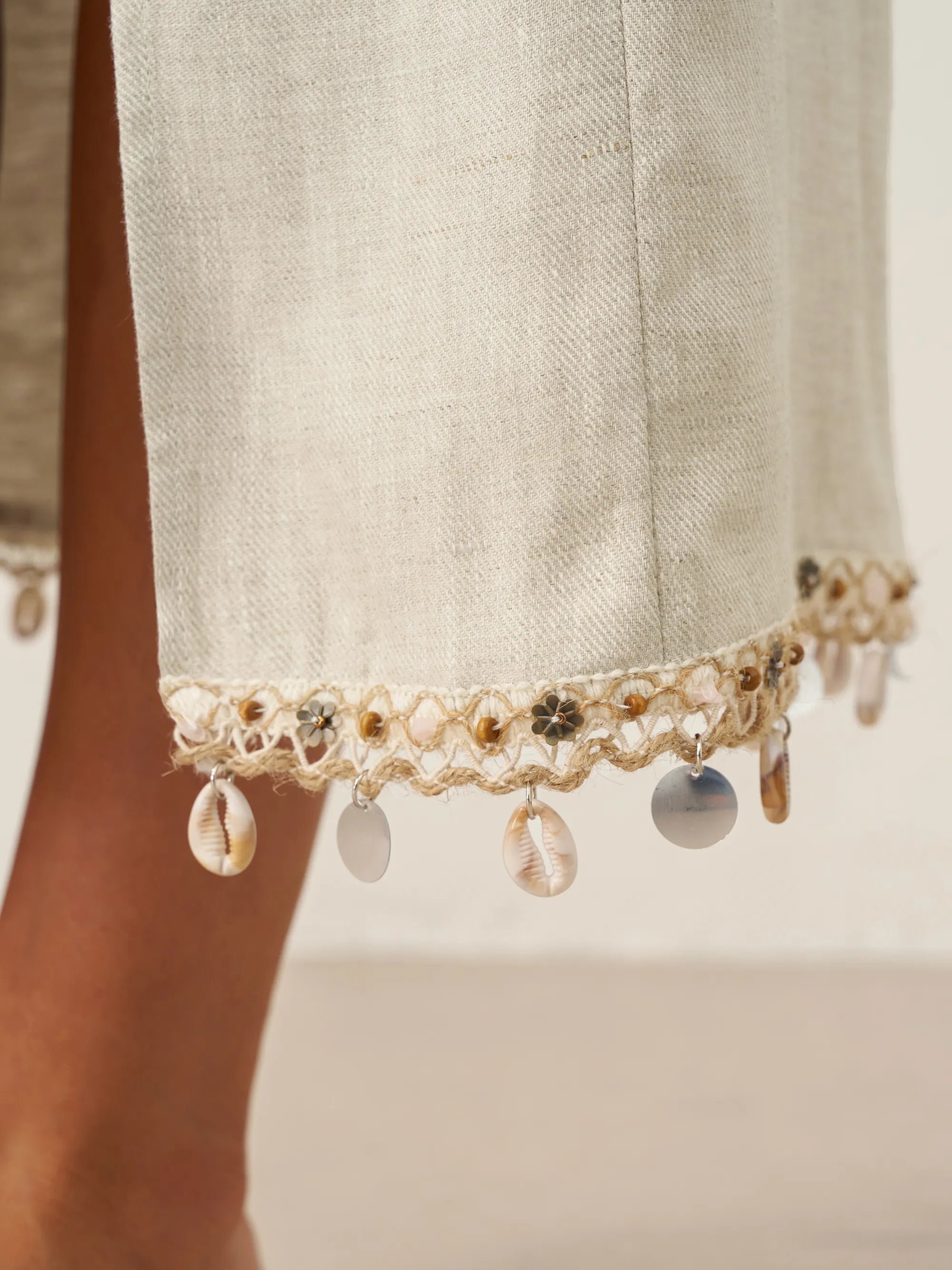 100% Linen Elastic Waist Beaded Skirt BIAN