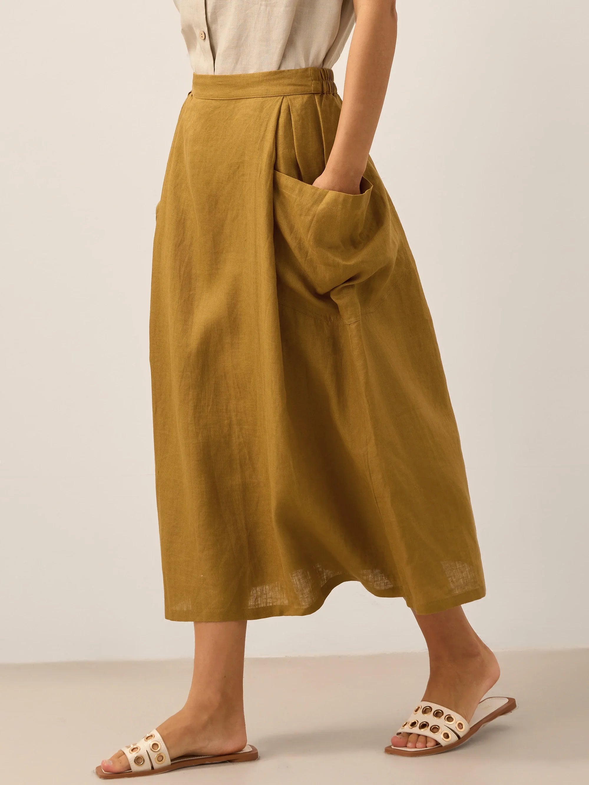 Linen Checked Elastic Waist Skirt ONYX