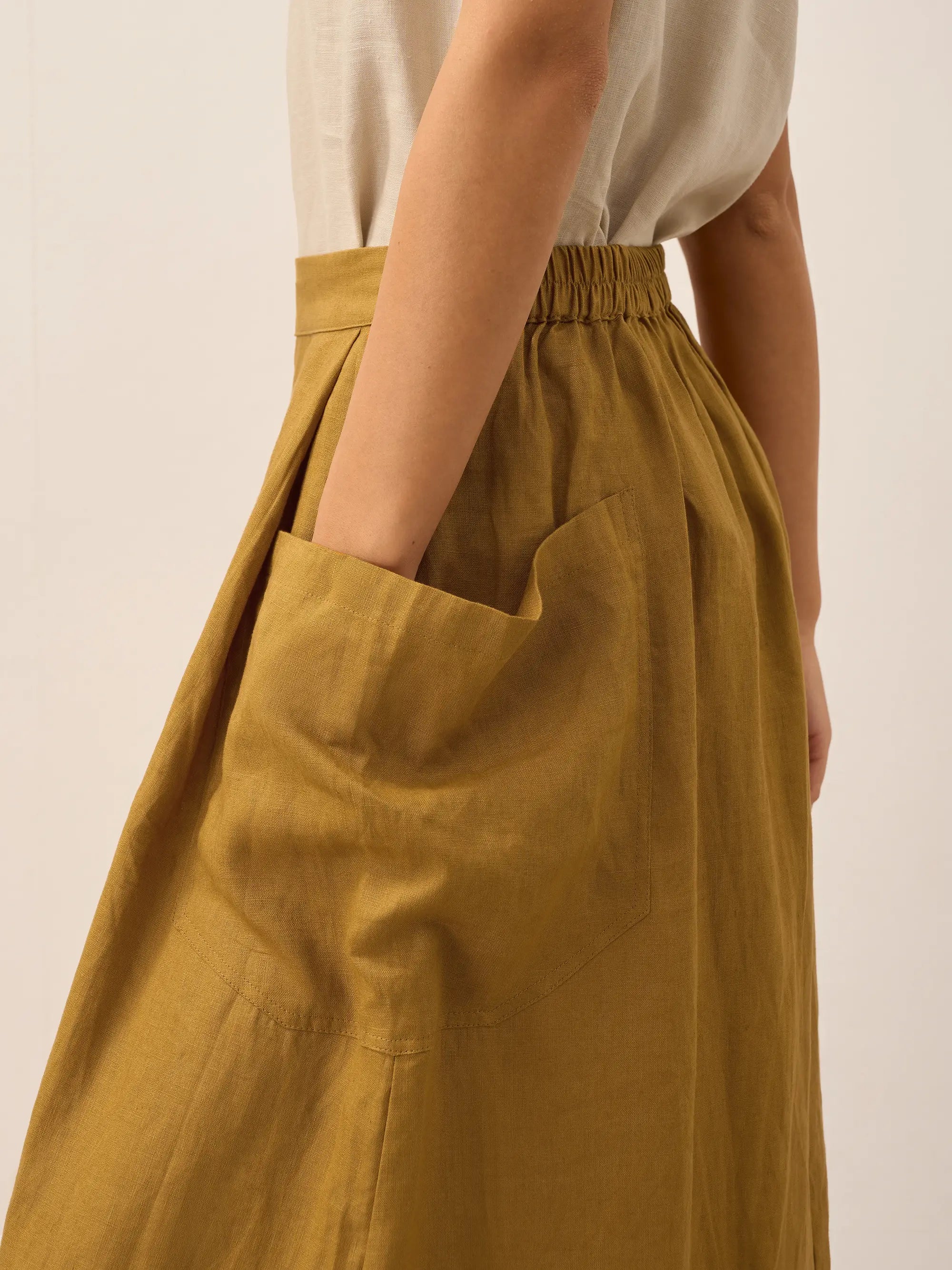 Linen Checked Elastic Waist Skirt ONYX
