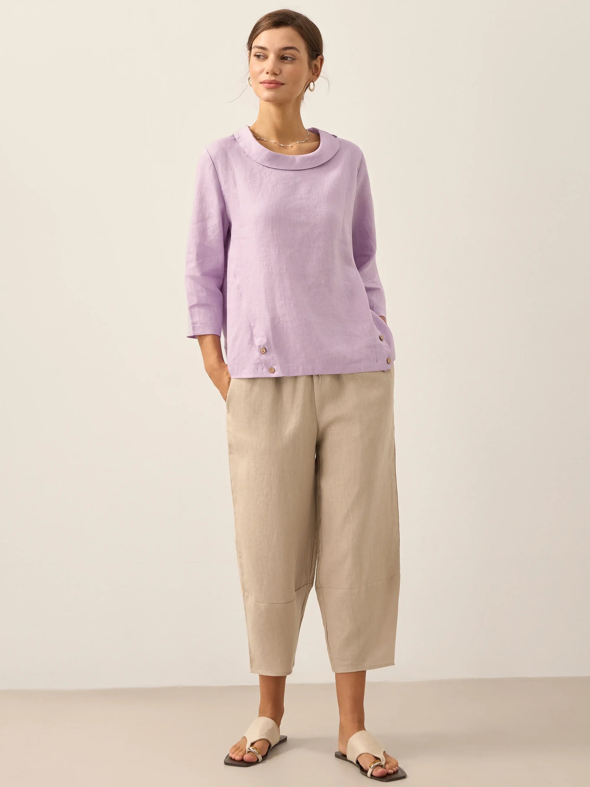 Linen Round Soft-Fold Collar Top ANAIS