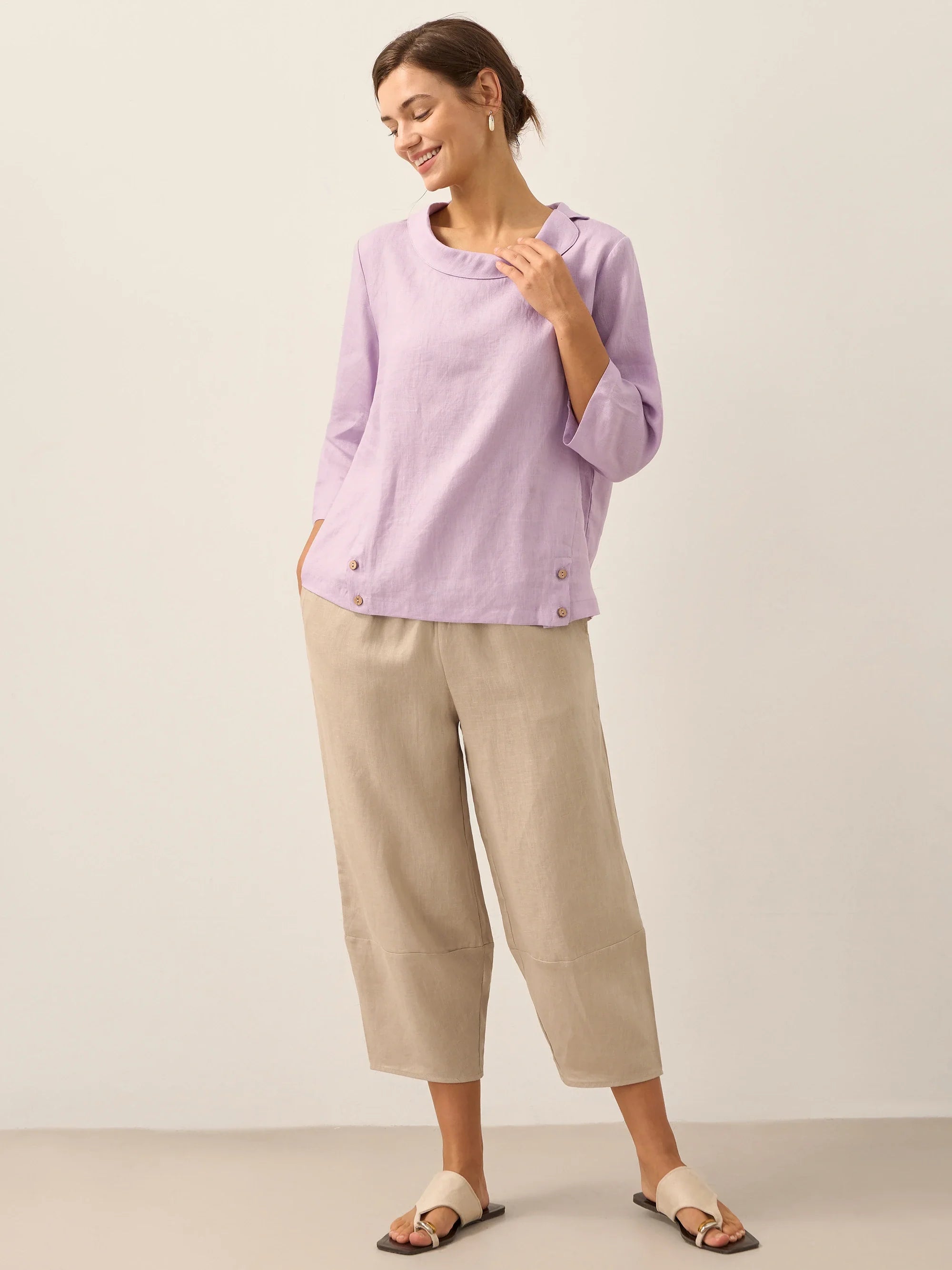 Linen Round Soft-Fold Collar Top ANAIS
