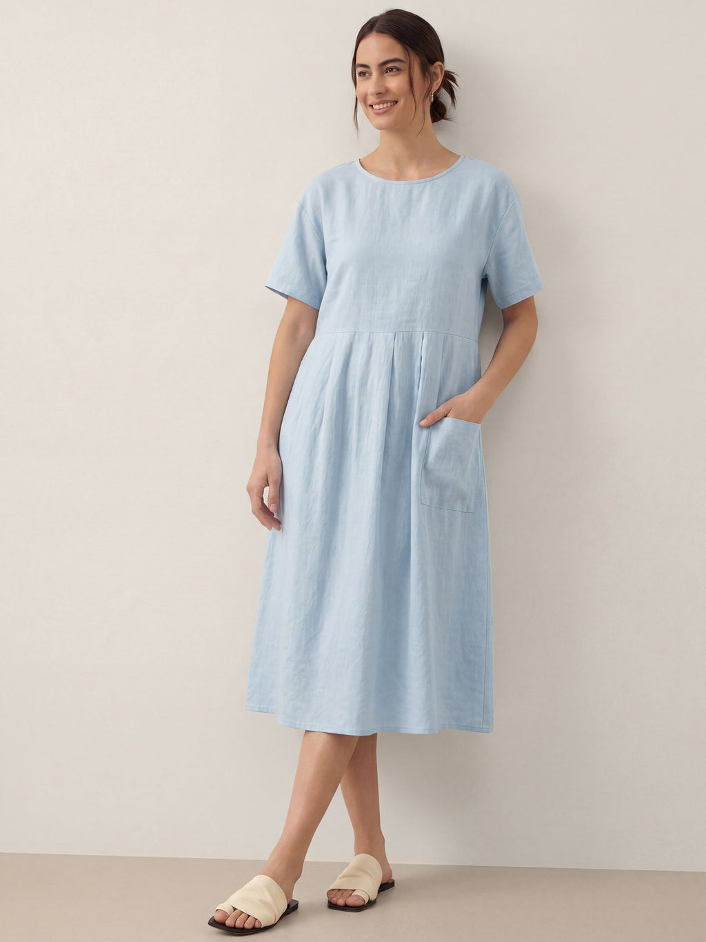 100% Linen Pinstripe Paneled Short-Sleeved Dress MORGAN
