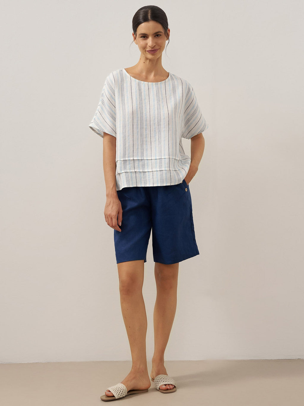 100% Linen Pleated Striped Pullover Top VIA