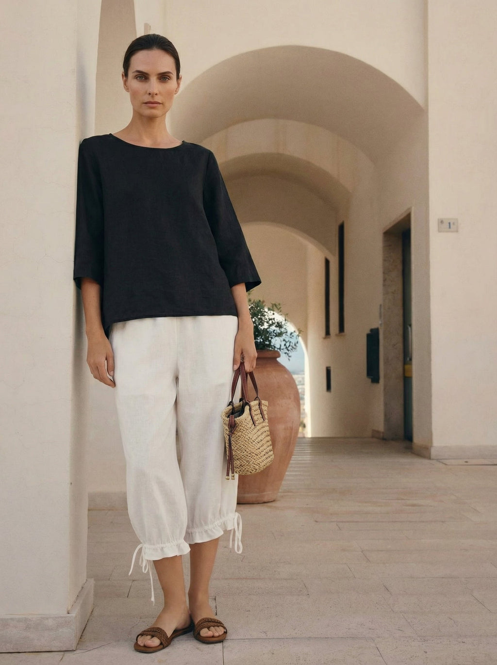 100% Linen Round Neck Asymmetrical Hem Top BRIANNA