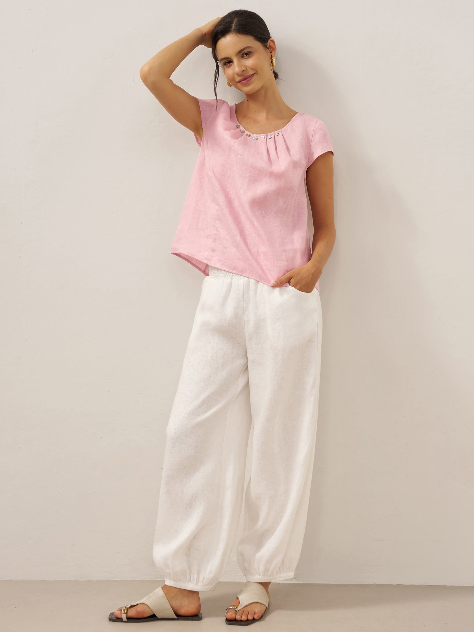 100% Linen Shell Button Pleated Crew Neck Top RENA