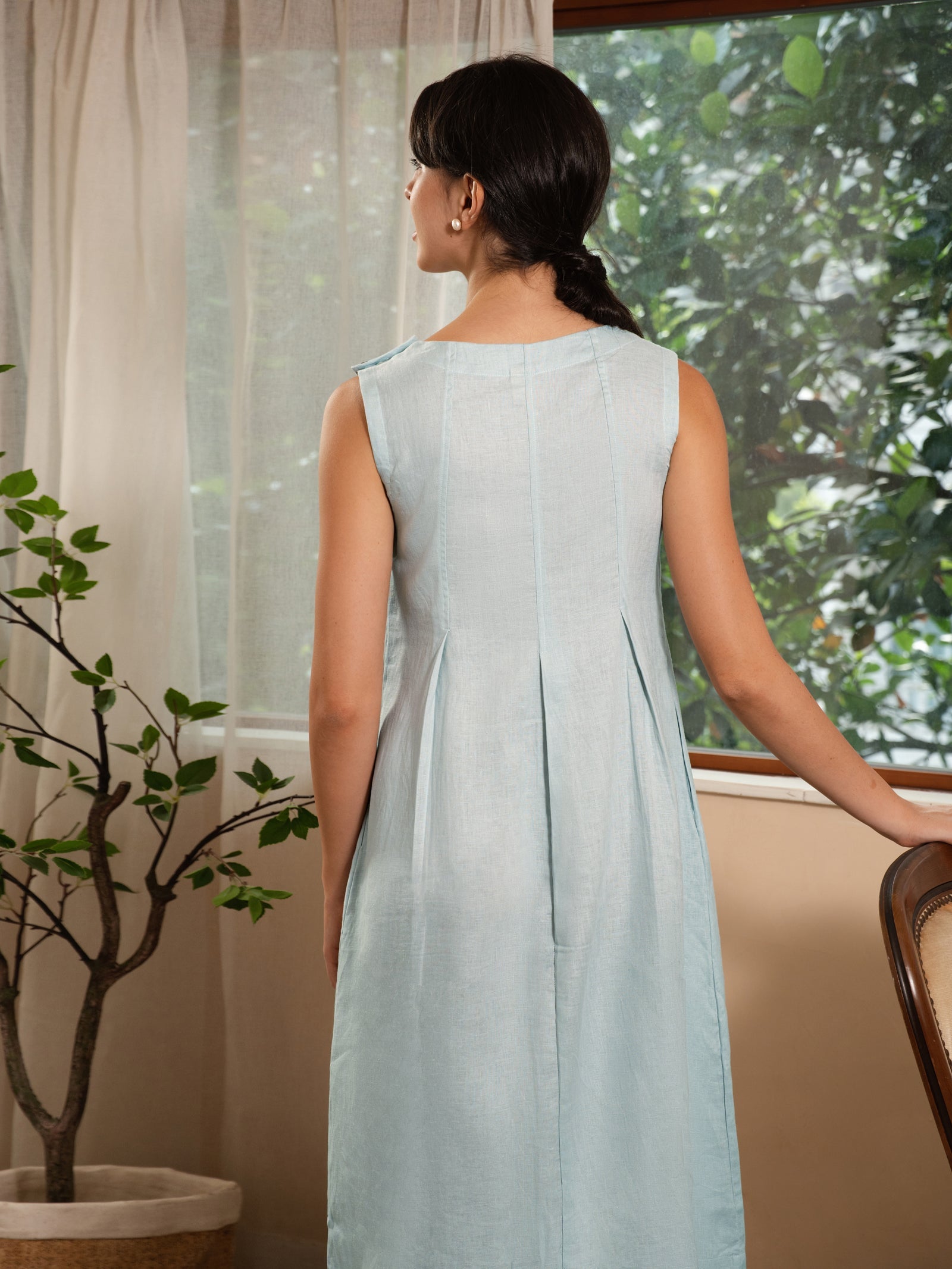 100% Linen Sleeveless Shoulder Button Midi Dress FREYA