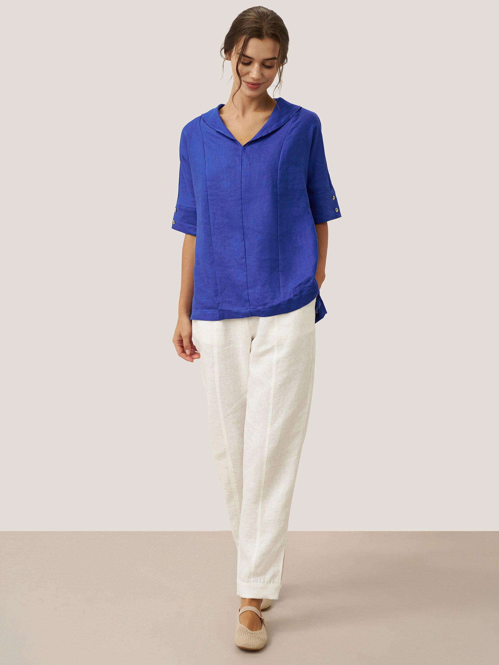 Linen V Neck Short Sleeve Shirt PENNY