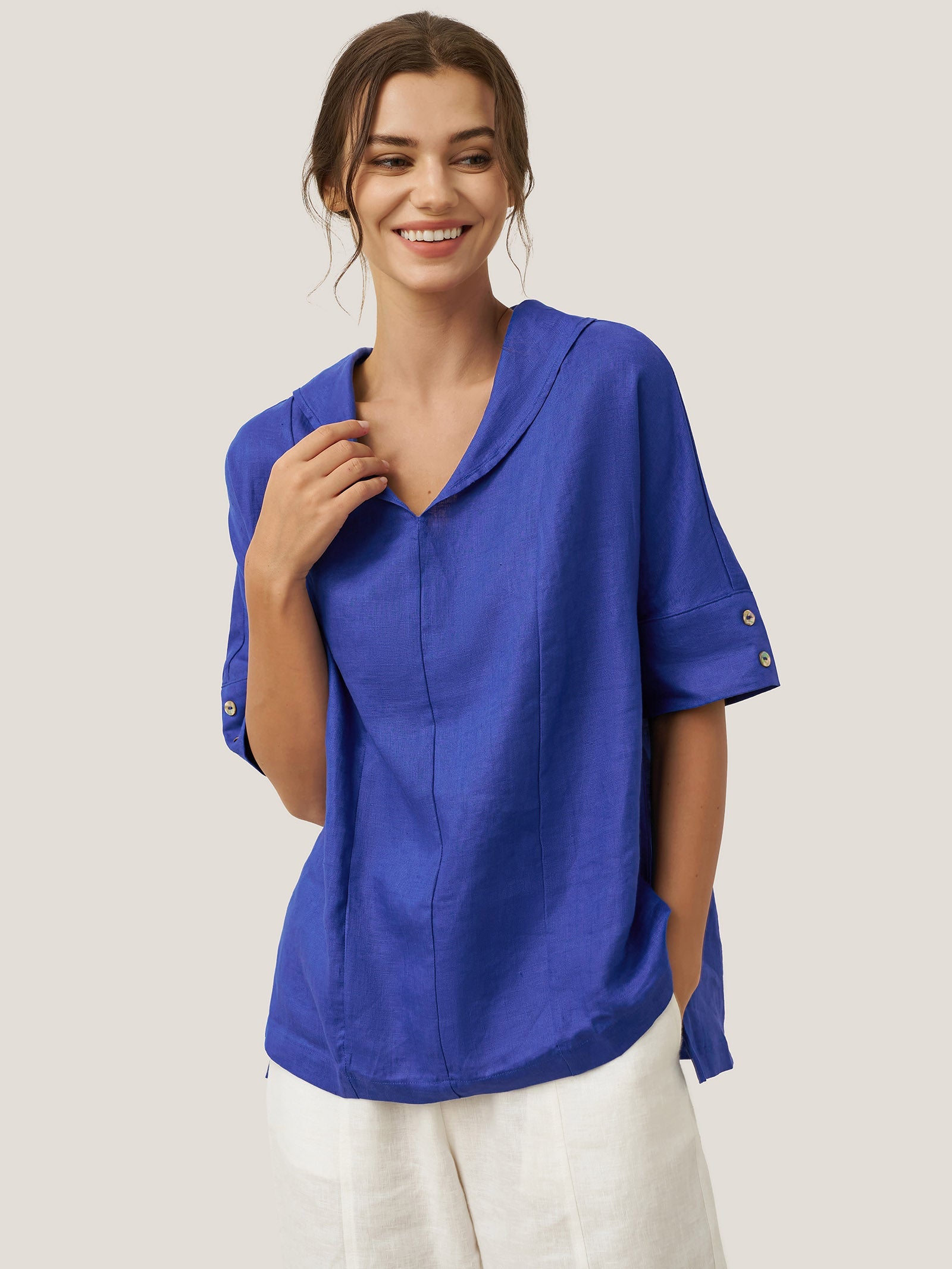 Linen V Neck Short Sleeve Shirt PENNY